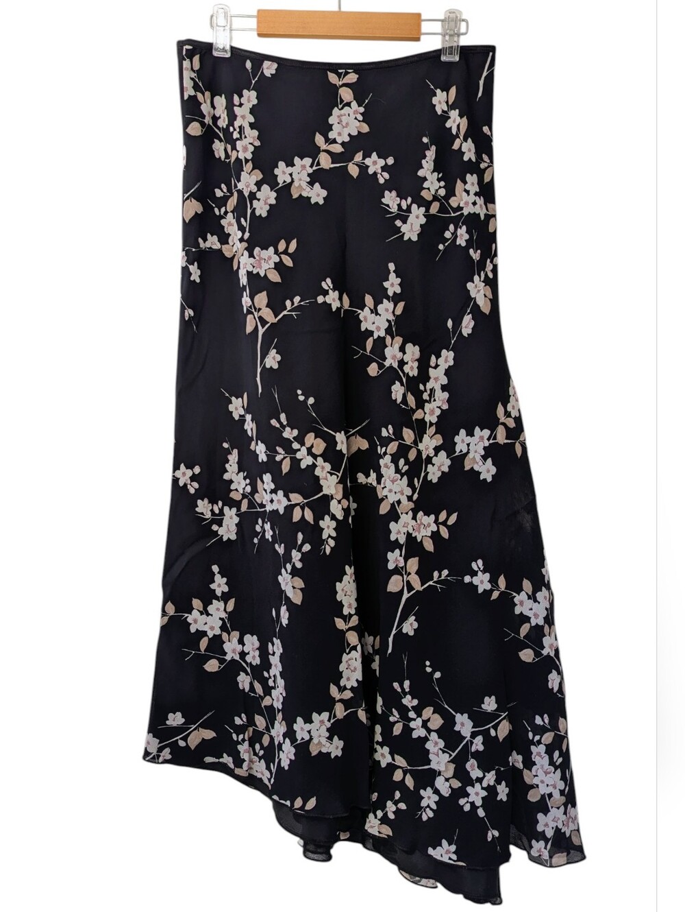 Vintage 90s Asymmetrical Floral Sheer Layered Black Midi Skirt